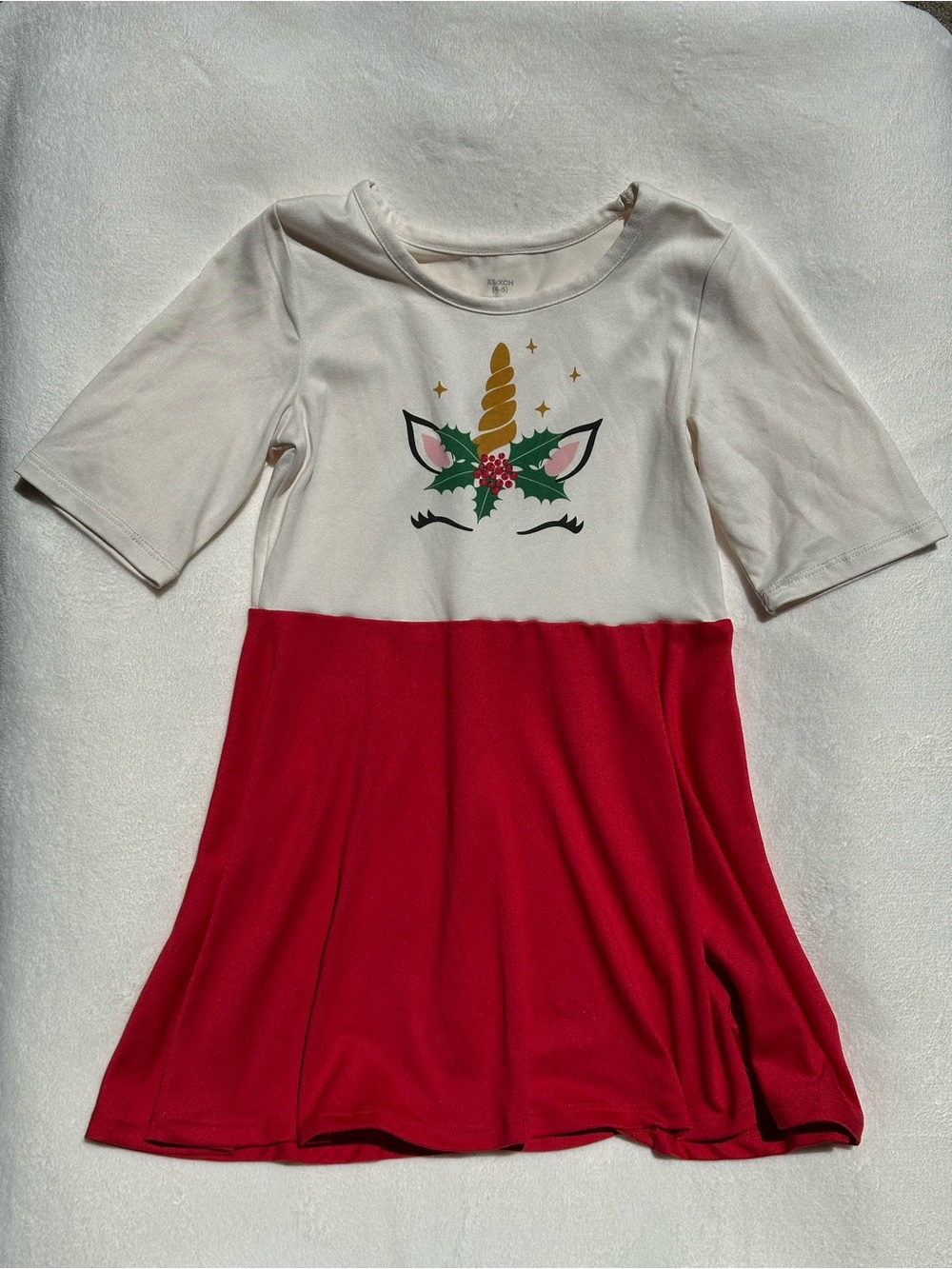 Unicorn Holiday Dress in Cream and Red